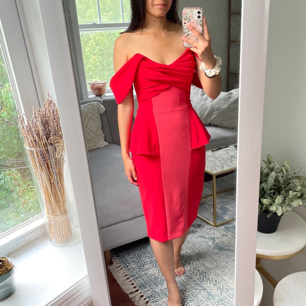 Marchesa Notte Off The Shoulder Peplum Midi Dress